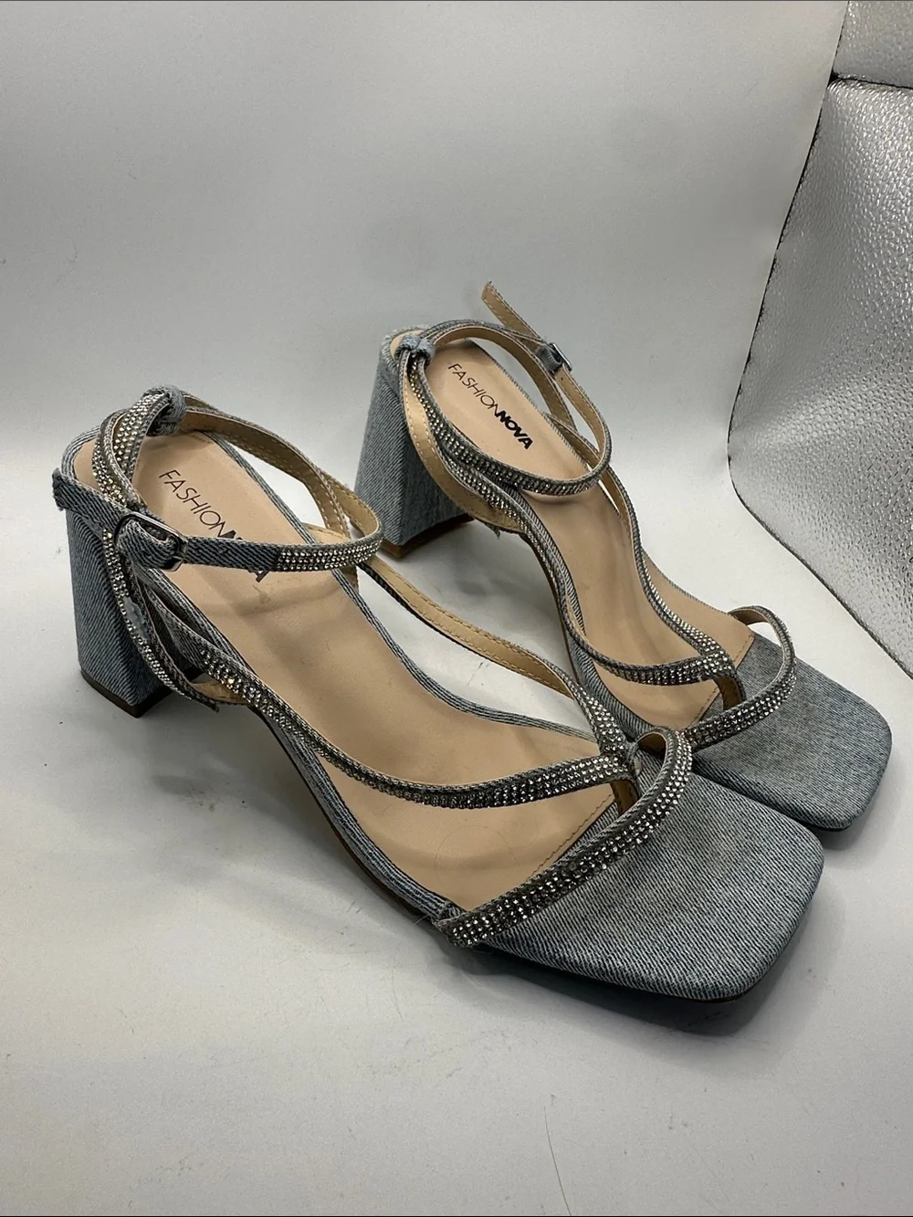 Fashion Nova Silver Strappy Block Heel Sandals size 9